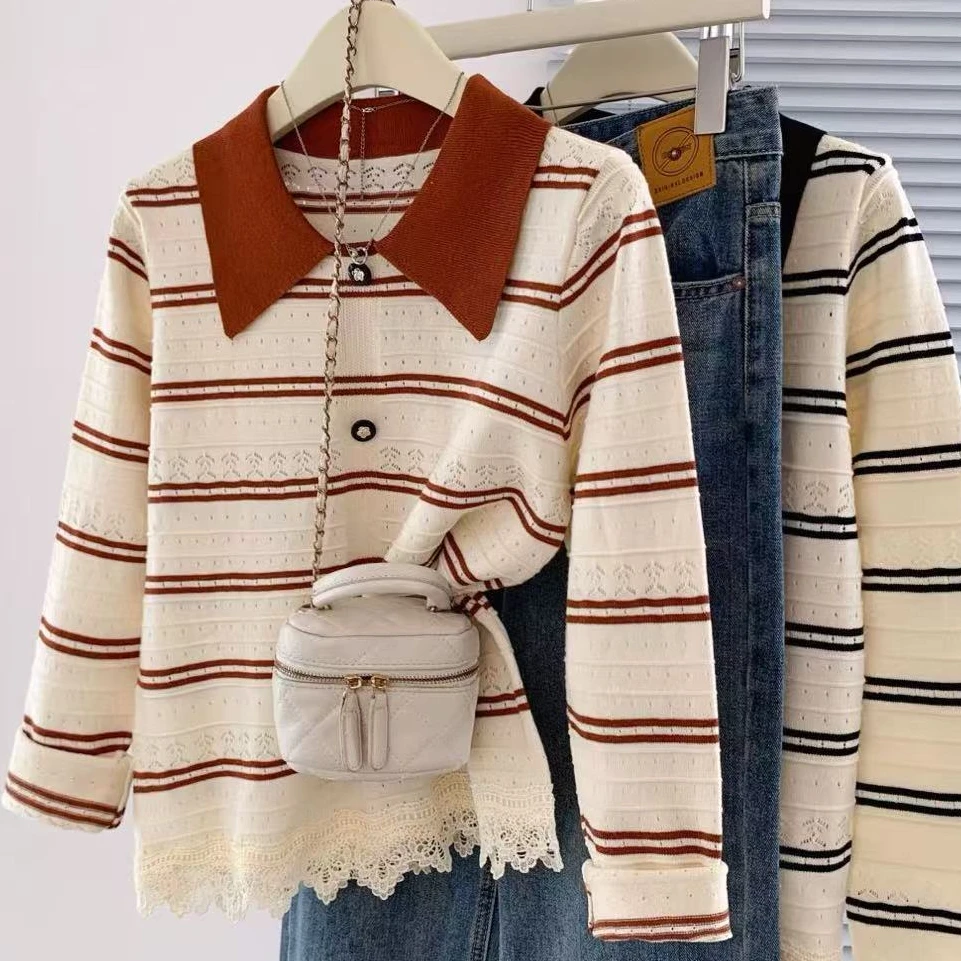 K9984大码撞色Polo领蕾丝拼接针织衫女秋季胖妹洋气显瘦镂空毛衣