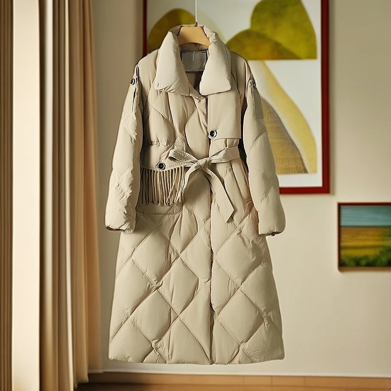 【贝轻奢风】冬白鸭绒单排扣流苏系腰过膝羽绒服外套女士222