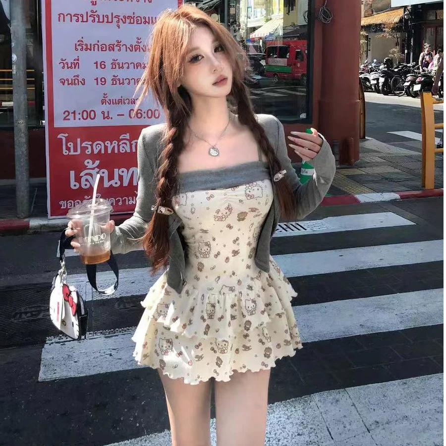 春季新款甜辣碎花修身显瘦气质温柔风吊带连衣裙+开衫外套两件套