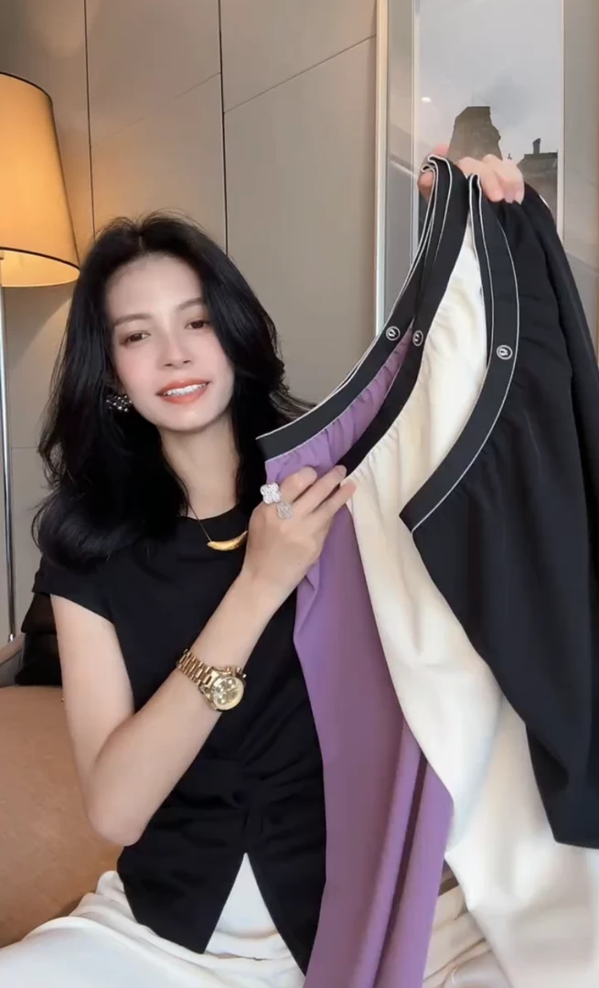 欧货2025夏季新款松弛感运动休闲垂感冰凉松紧腰直筒阔腿长裤女