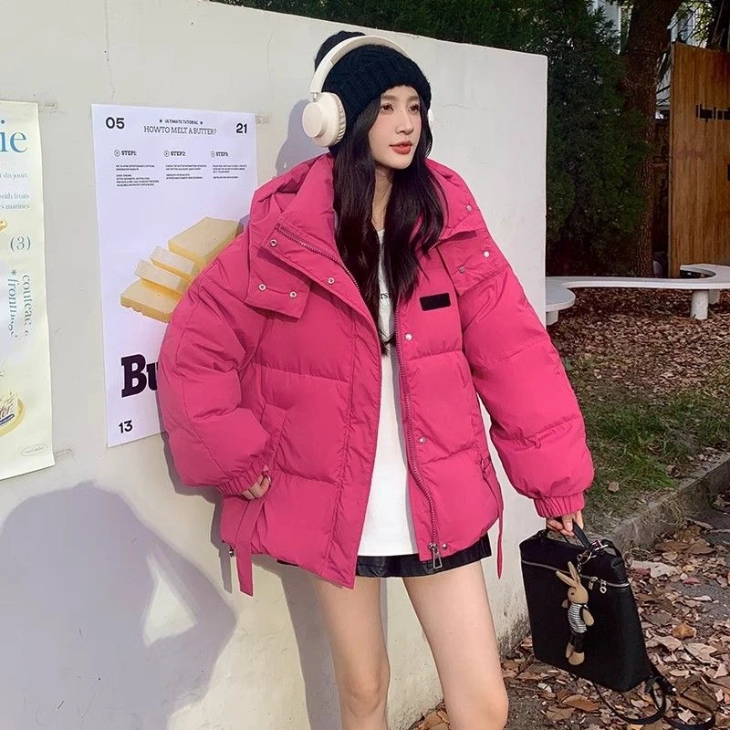 火龙果色冬季连帽加厚保暖短款小个子棉服外套女宽松面包服潮韩版