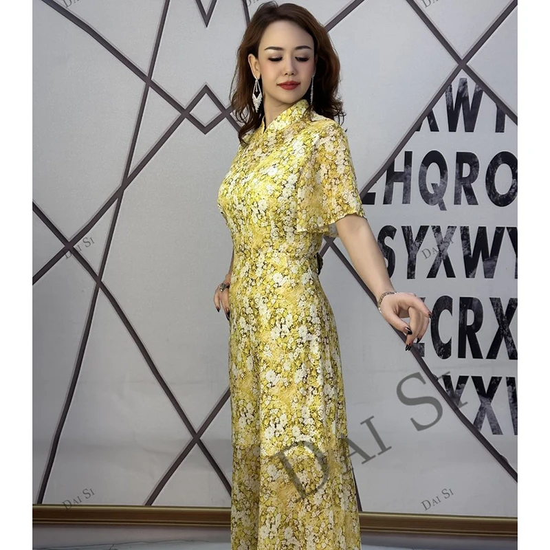 2025春新气质法式茶歇钉珠裙子仿真丝碎花荷叶边连衣裙D0834