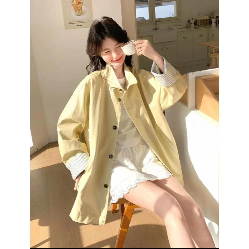 Y118506-春季韩系新款高级感立领中长款风衣外套宽松百搭休闲
