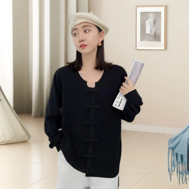 国风款盘扣开身毛衣9513