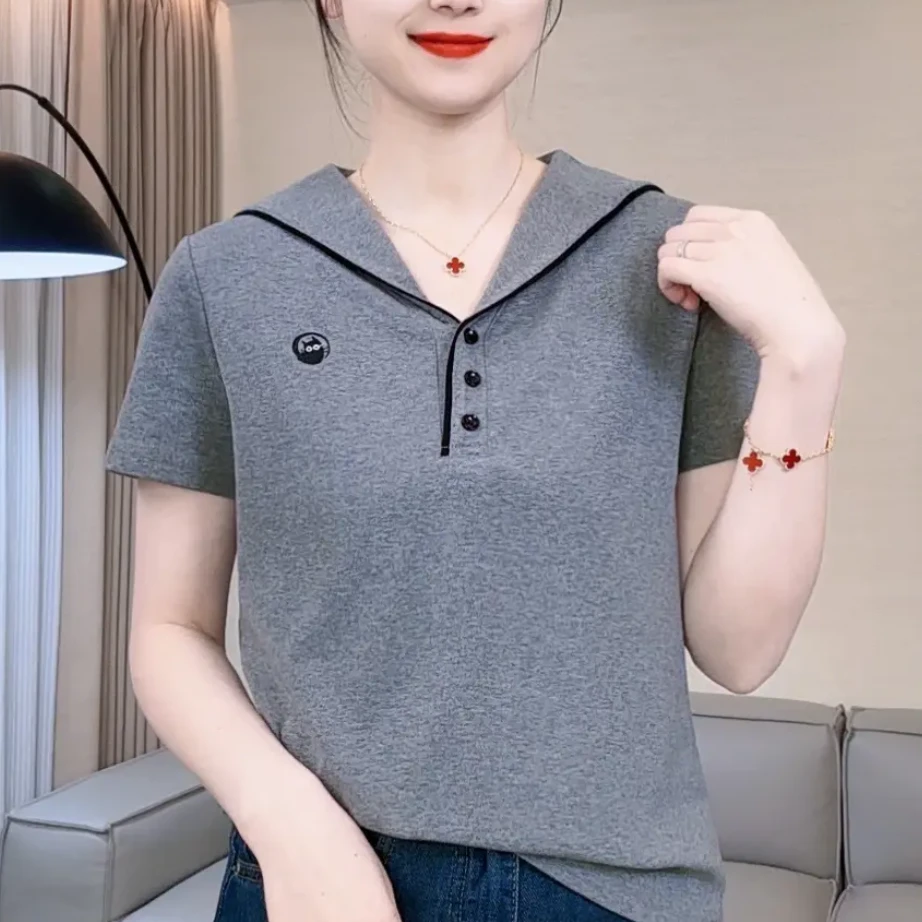 夏季新款海军领打底衫气质百搭显瘦减龄刺绣纯色撞色短袖打底衫女