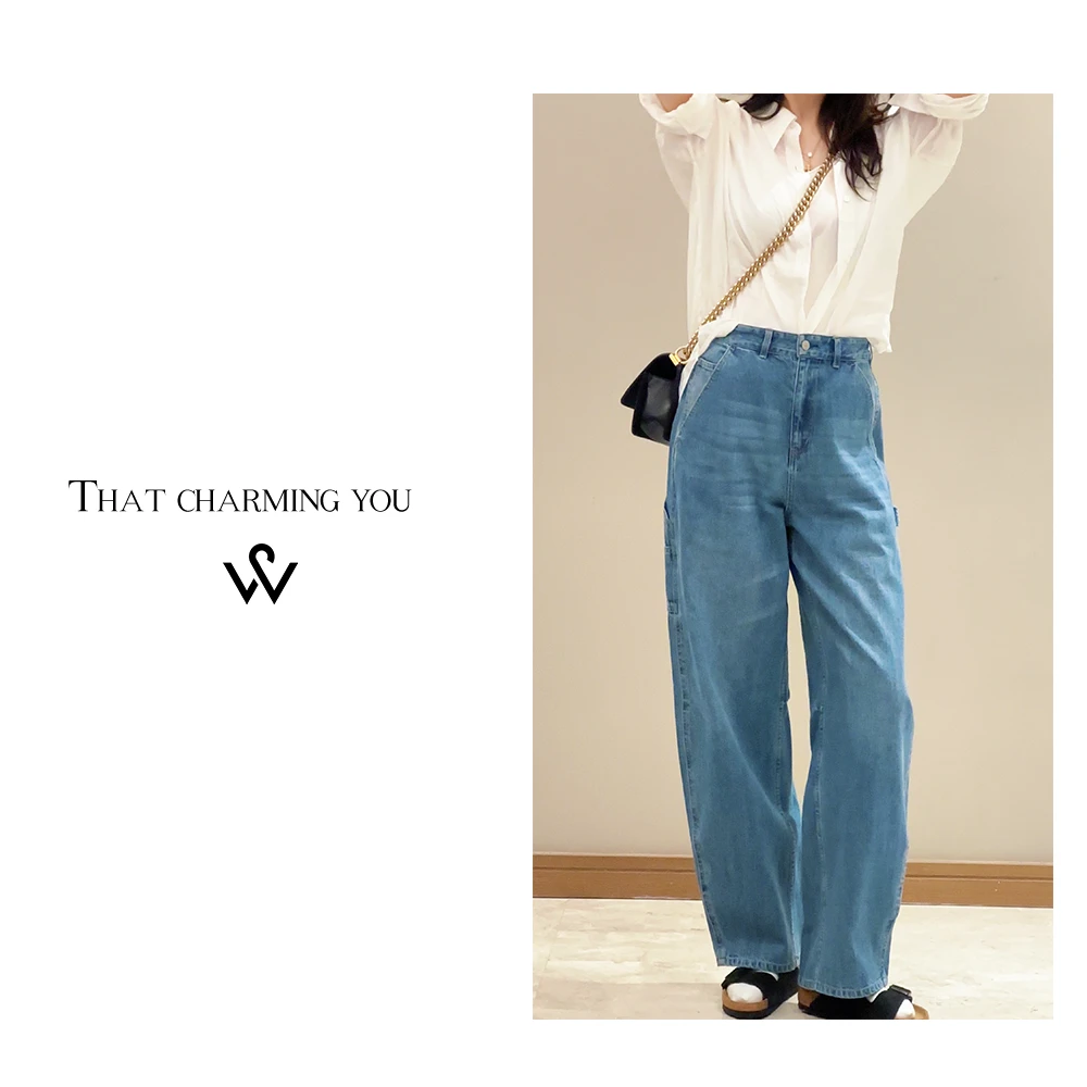 WAWA【里海清波】25SSS春季休闲百搭显瘦蓝色直筒牛仔裤24250