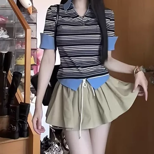 22663大码胖mm美式学院风条纹polo领正肩上衣女夏季修身T恤