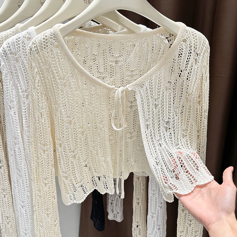 吊带裙外搭防晒披肩罩衫女爆款2025新款波浪边镂空针织开衫小外套