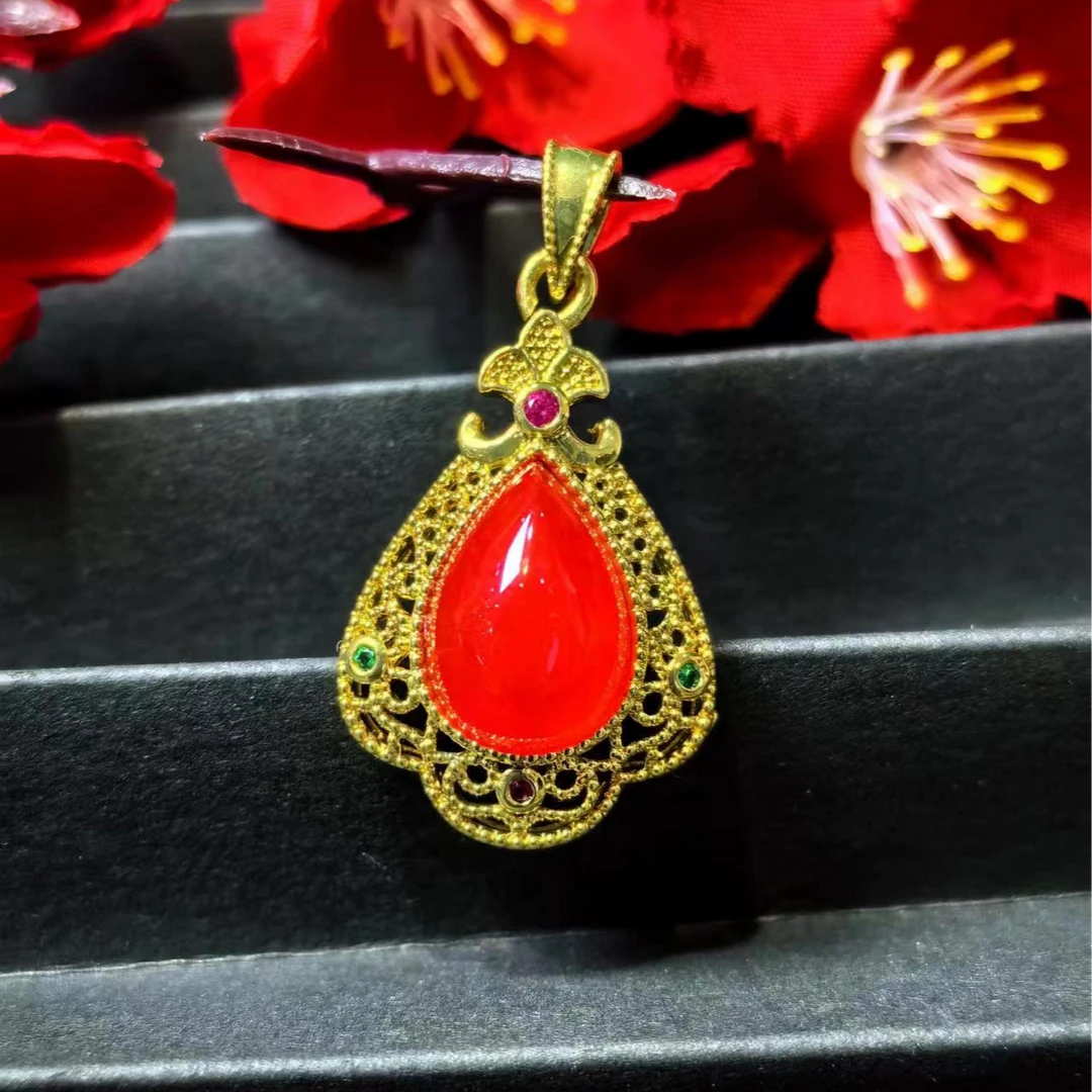 ST1998【百百福甄选】九品正红赤炎红龙参玛瑙红水滴吊坠-配皮绳