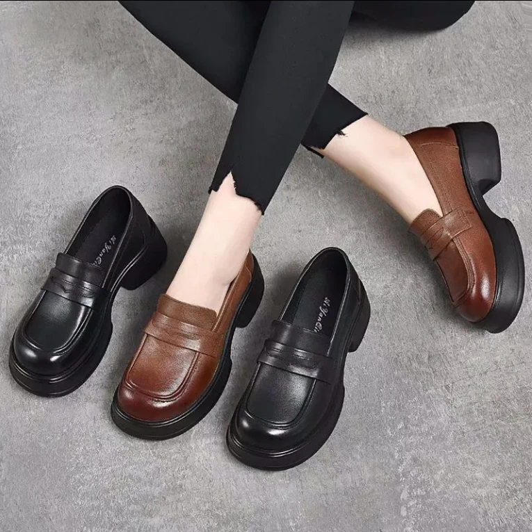 真皮软底新款单鞋女鞋英伦风小皮鞋女春秋松糕底秋款一脚蹬乐福鞋