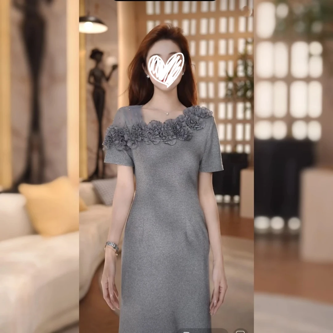 半岛情书高级灰色百搭显瘦高腰遮肉气质连衣裙