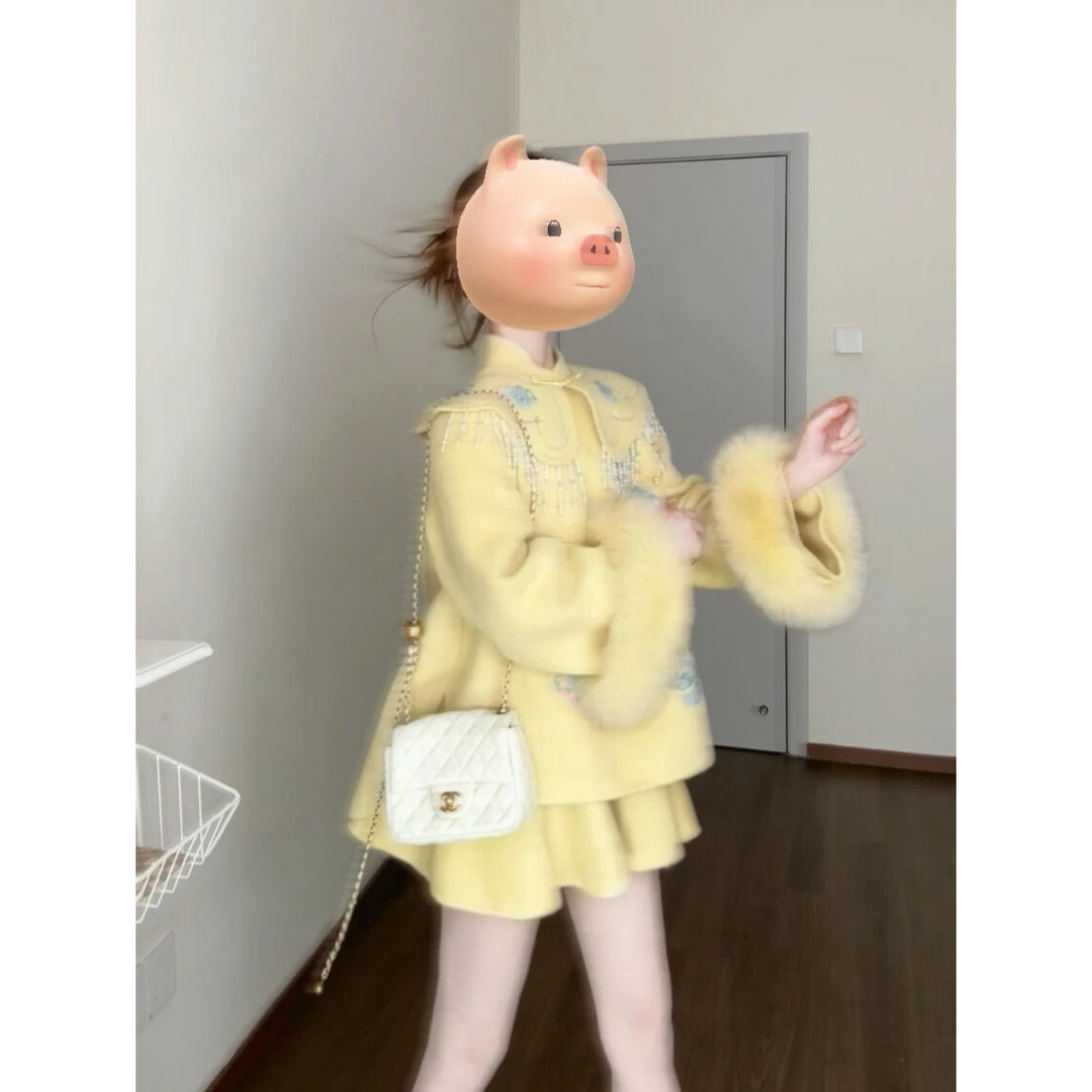 【月锦芳华】2025秋冬新款新中式千金毛毛袖重工外套高腰包臀半身裙