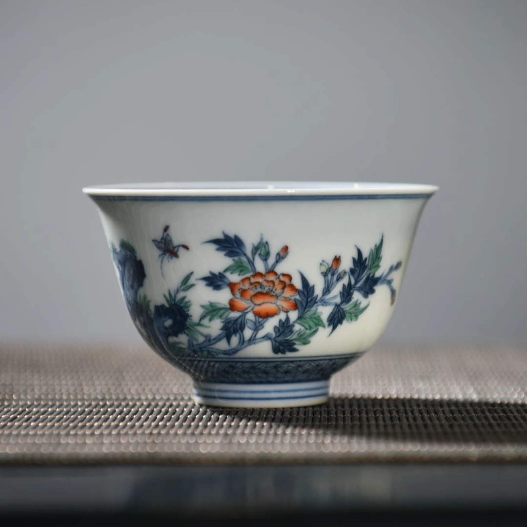 珽珽茶器【涂杏花】斗彩牡丹花碟杯 100cc 瓷器茶周边