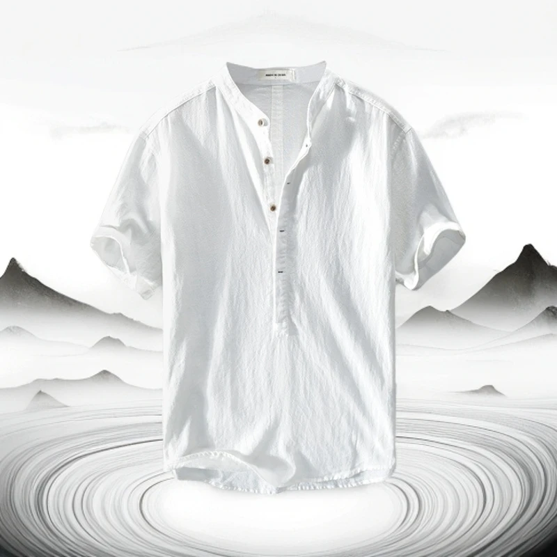夏季简约棉麻休闲男士衬衫套头立领宽松青年衬衣纯色透气百搭复古