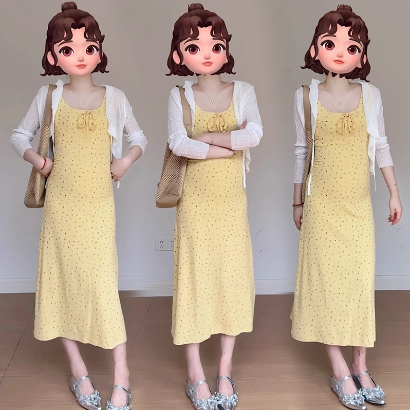 孕妇连衣裙夏季法式孕期高级感穿搭修身碎花黄色背心长裙夏天套装