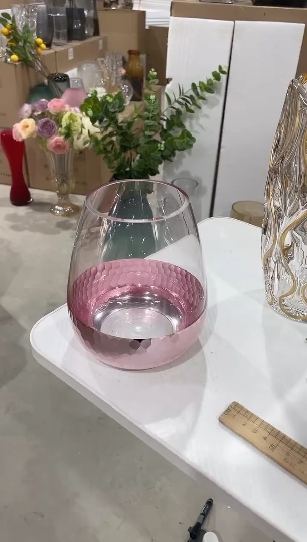 透明粉色大肚磨课金花瓶