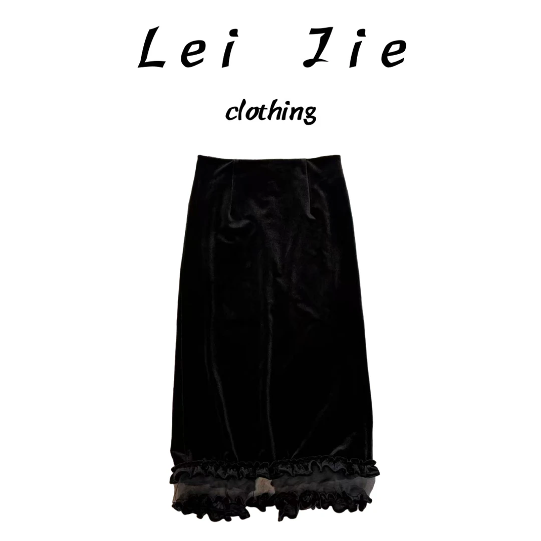 【Lei Jie】下摆透明花边后开叉丝绒半裙1675