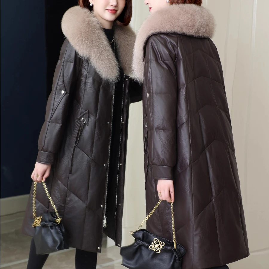 海宁真皮羽绒服女2025新款冬真狐狸毛领大衣绵羊皮外套中长款皮衣