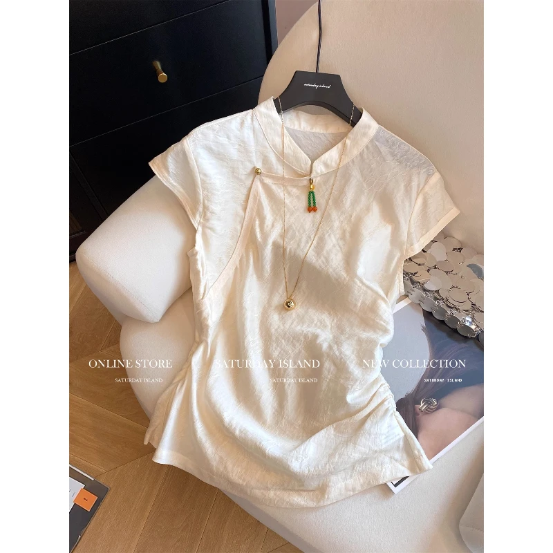 新中式中国风提花盘扣立领飞飞袖衬衫女2025夏季褶皱收腰气质上衣