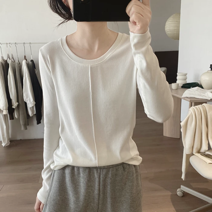 圆领t恤女春秋季新款简约韩版显瘦基础款棉质打底衫套头减龄上衣