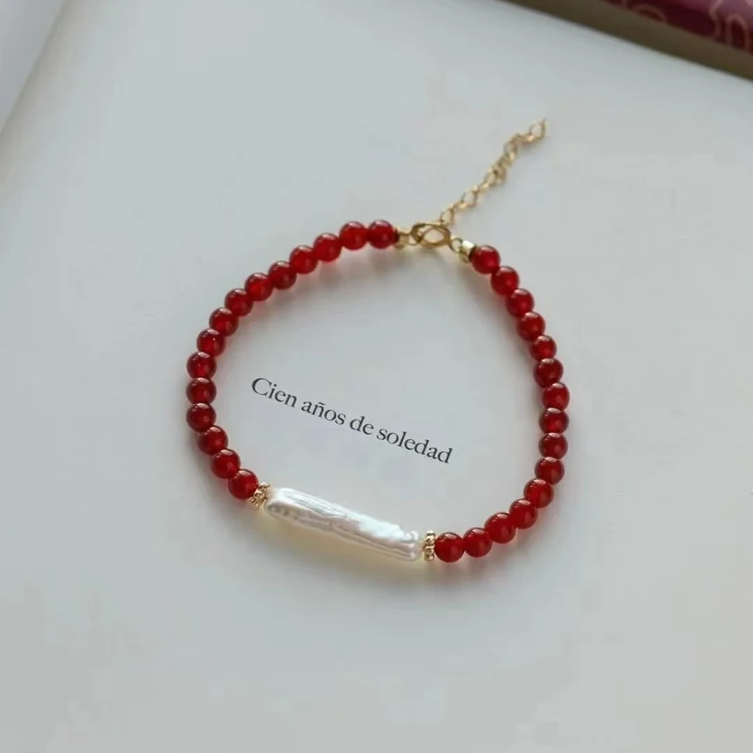 XGML 「女款小众首饰」时尚百搭轻奢简约红色淡水珍珠手链—Z218