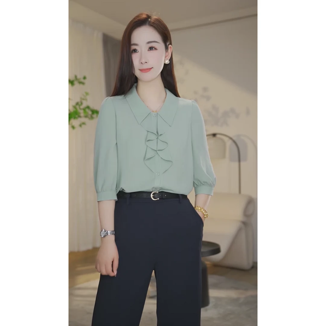 【杨杨专属】夏季新款衬衫女法式透气洋气小众衬衣流光风上衣豆荚绿