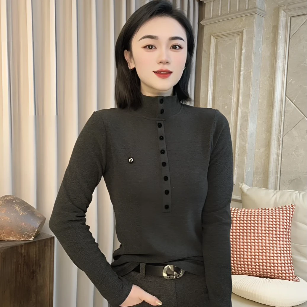 依骊汇百搭时尚德绒纯色半高领显瘦修身上衣女保暖553