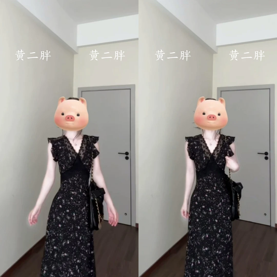 黑色蕾丝拼接碎花连衣裙女高端气质V领背心裙2025夏季新款吊带裙