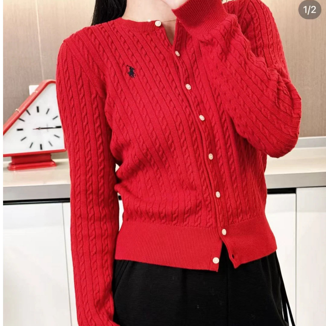 Ralph Lauren/拉夫劳伦小马刺绣绞花式单排扣开襟长袖针织大童款