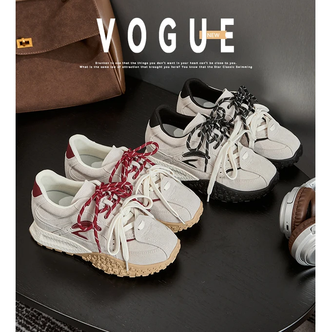 厚底鸳鸯系带运动德训鞋女2025春秋新款百搭真皮休闲拼色阿甘鞋女