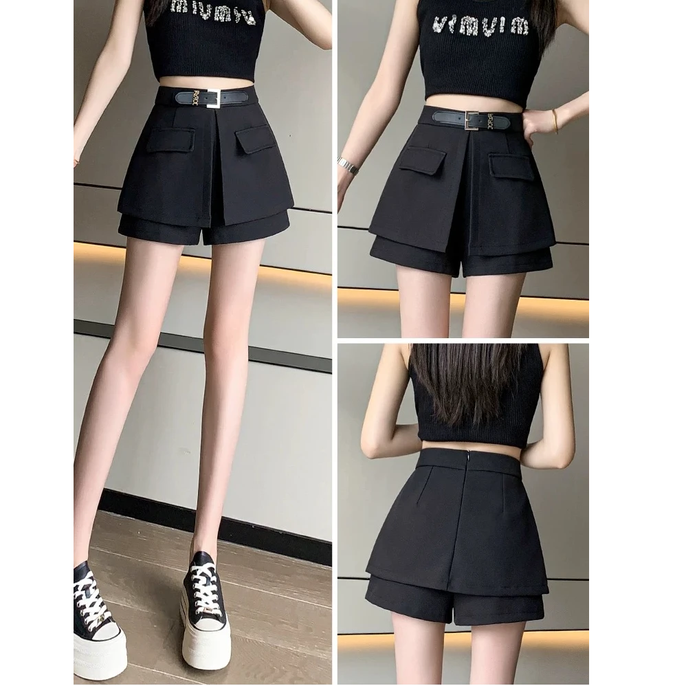 皮扣高腰西装短裤A字休闲阔腿裤假两件西装短裤