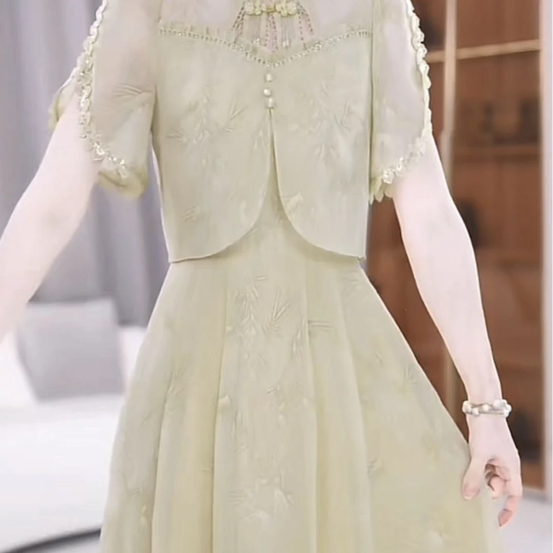 常规夏季中长裙圆领高腰连衣裙法式长款气质旗袍长裙