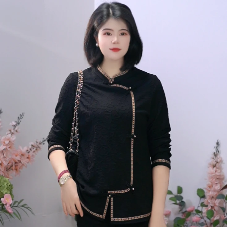 司缪【W6131】轻奢大码女装新中式妈妈装小衫国风提花改良旗袍上衣