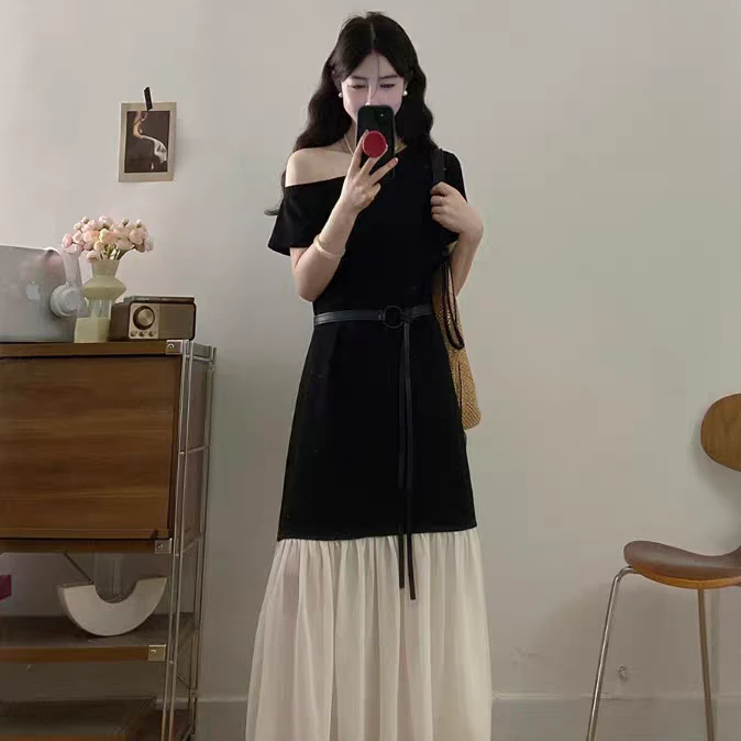 （80-200斤）假两件黑色连衣裙女2025夏季大码胖mm别致显瘦裙子1906