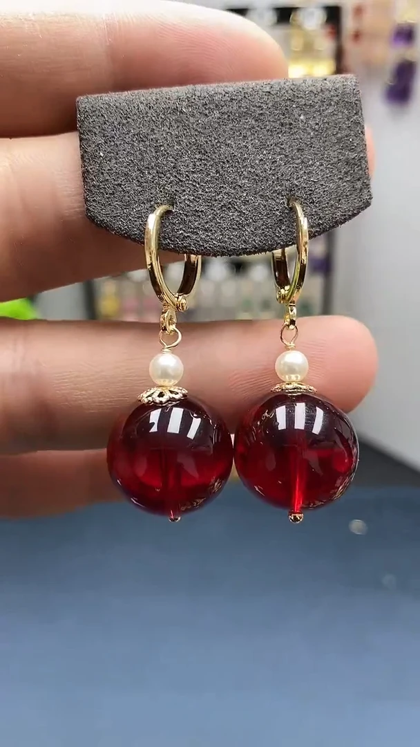 【闪购商品】血珀耳饰银S925镀金镶嵌尺寸16mm耳扣07