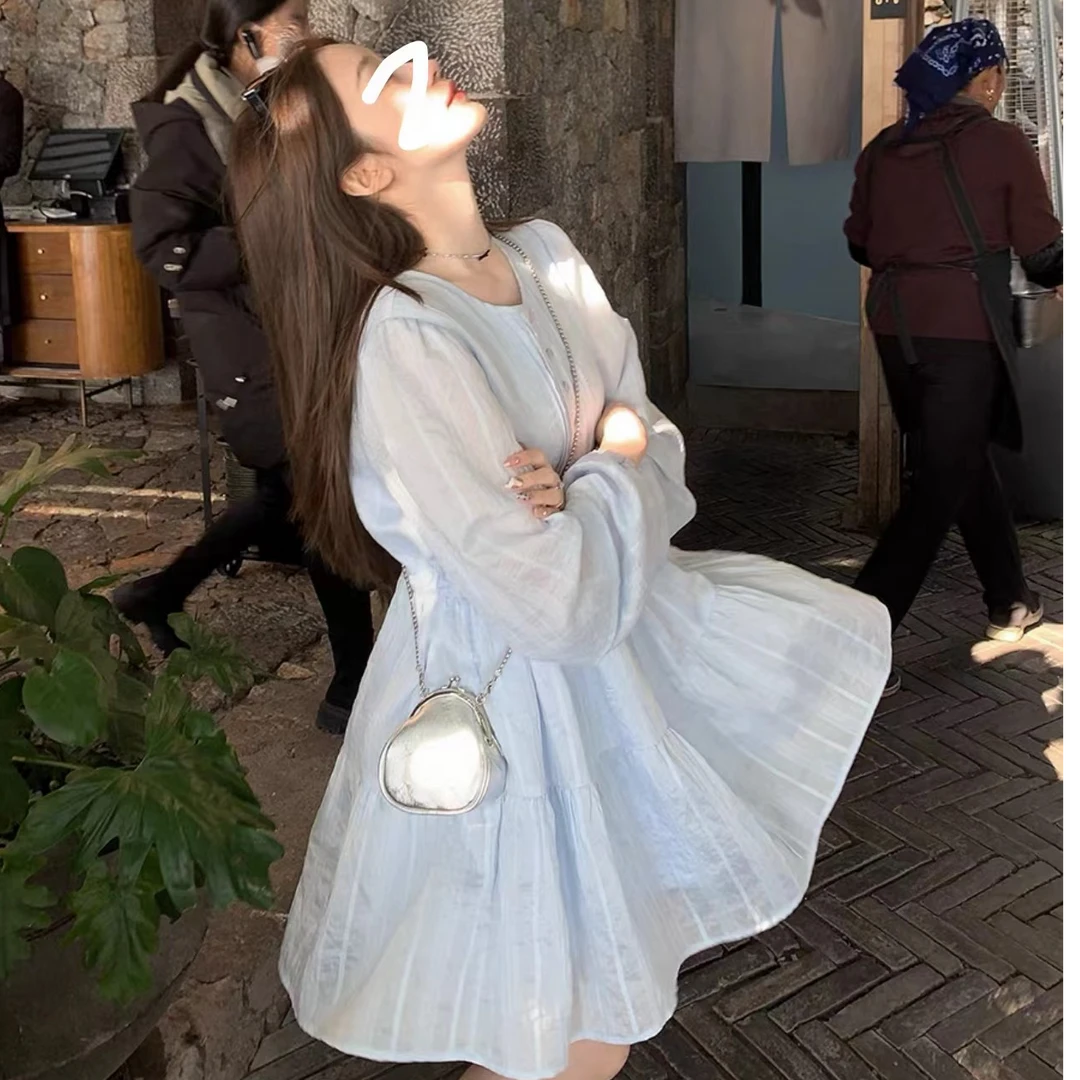 春夏海盐蓝轻薄宽松设计感减龄长袖连衣裙