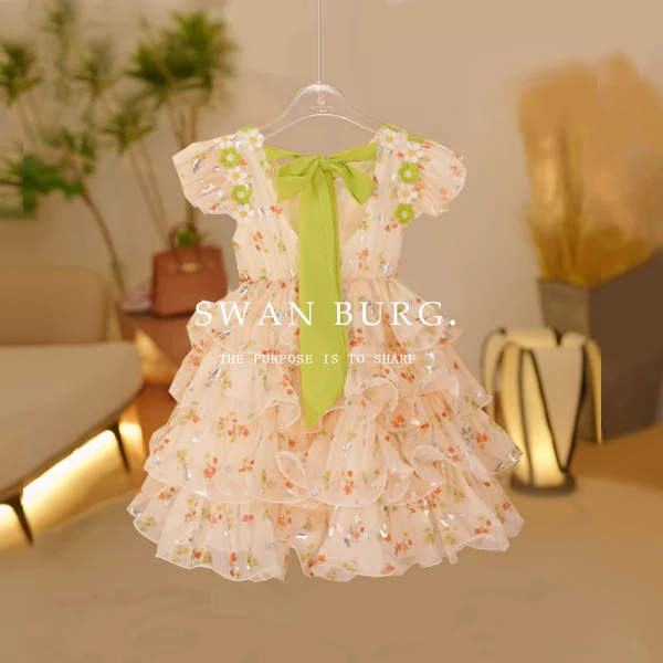 【现货】【Y.d4858】2025新款甜美女童连衣裙女孩洋气碎花夏款泡泡袖