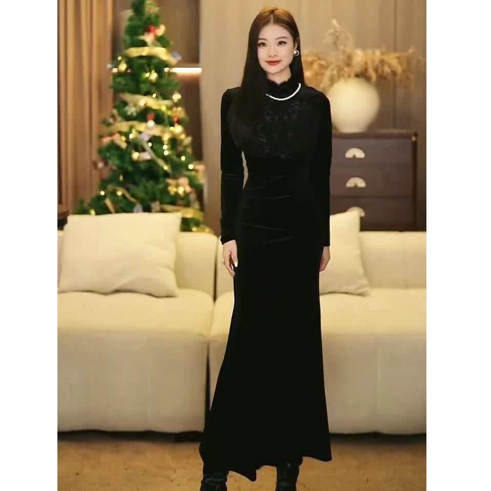 【爱笑】秋季新款复古设计修身显瘦丝绒高级感连衣裙-SW0459