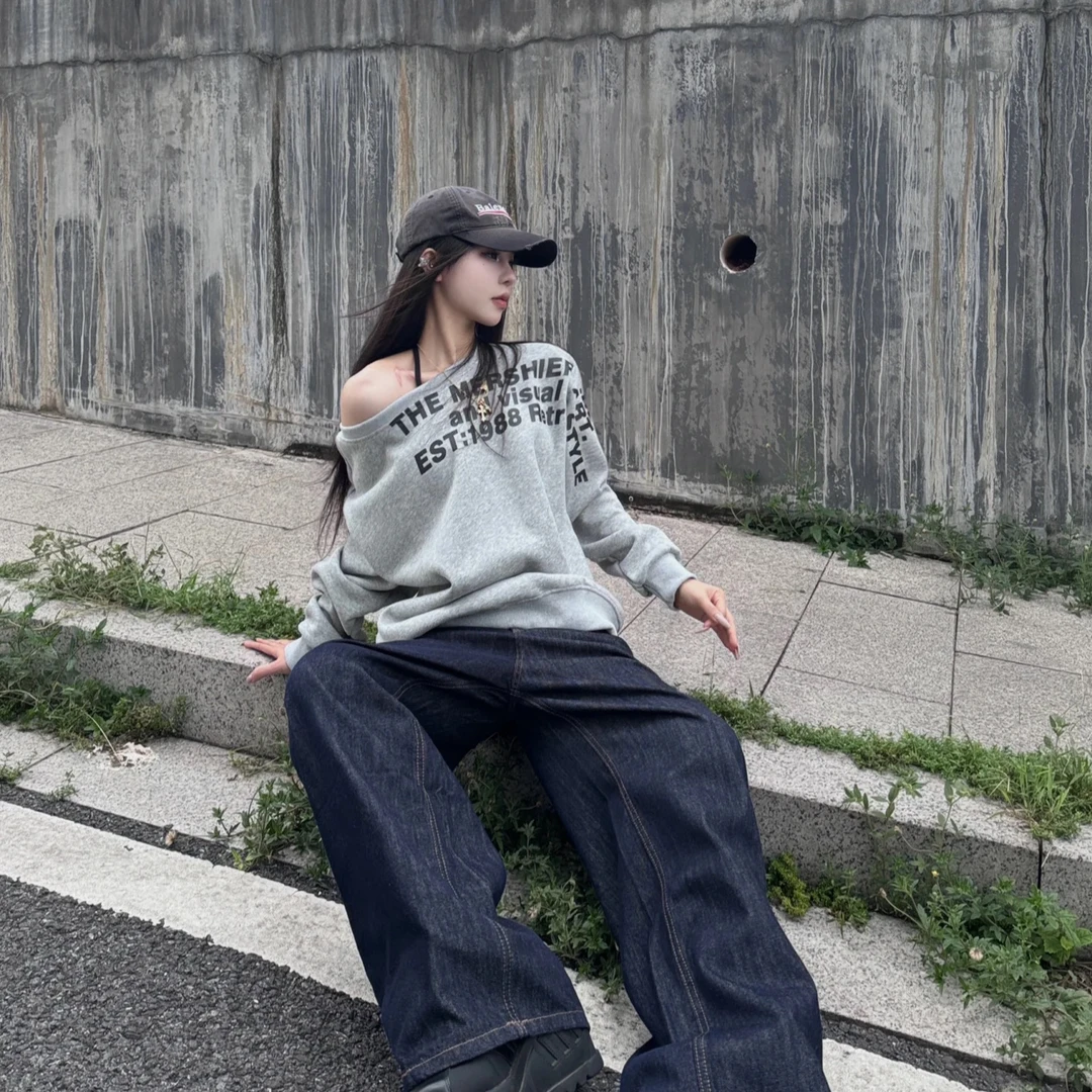 Hioyo美式斜肩字母设计感长袖卫衣女辣妹宽松ins慵懒风秋季上衣潮