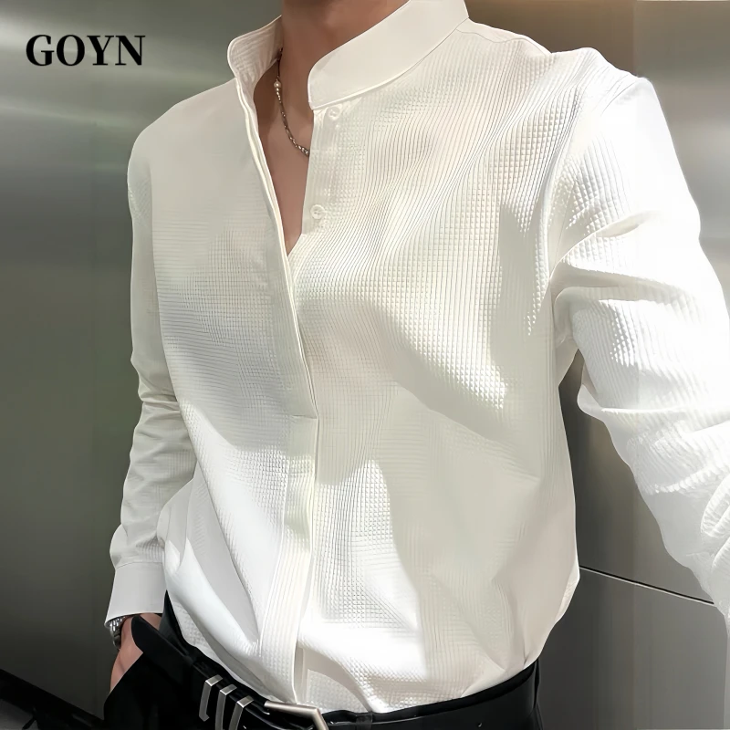 GOYN高级感立领衬衫男秋季百搭潮牌上衣白色华夫格修身长袖衬衣