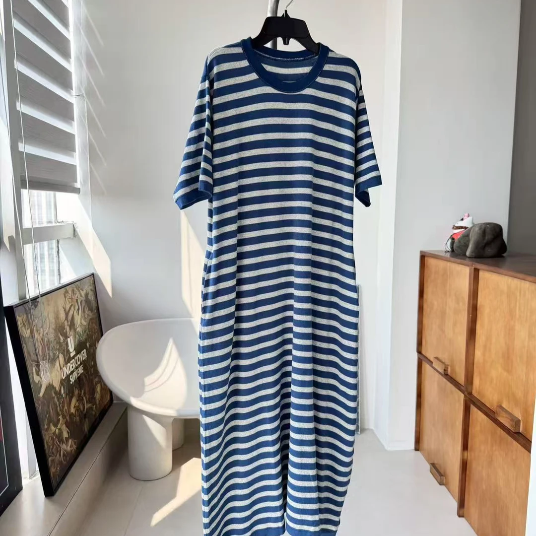 纯元与众不同｜简单随意 45蓝色条纹连衣裙中长款女宽松裙