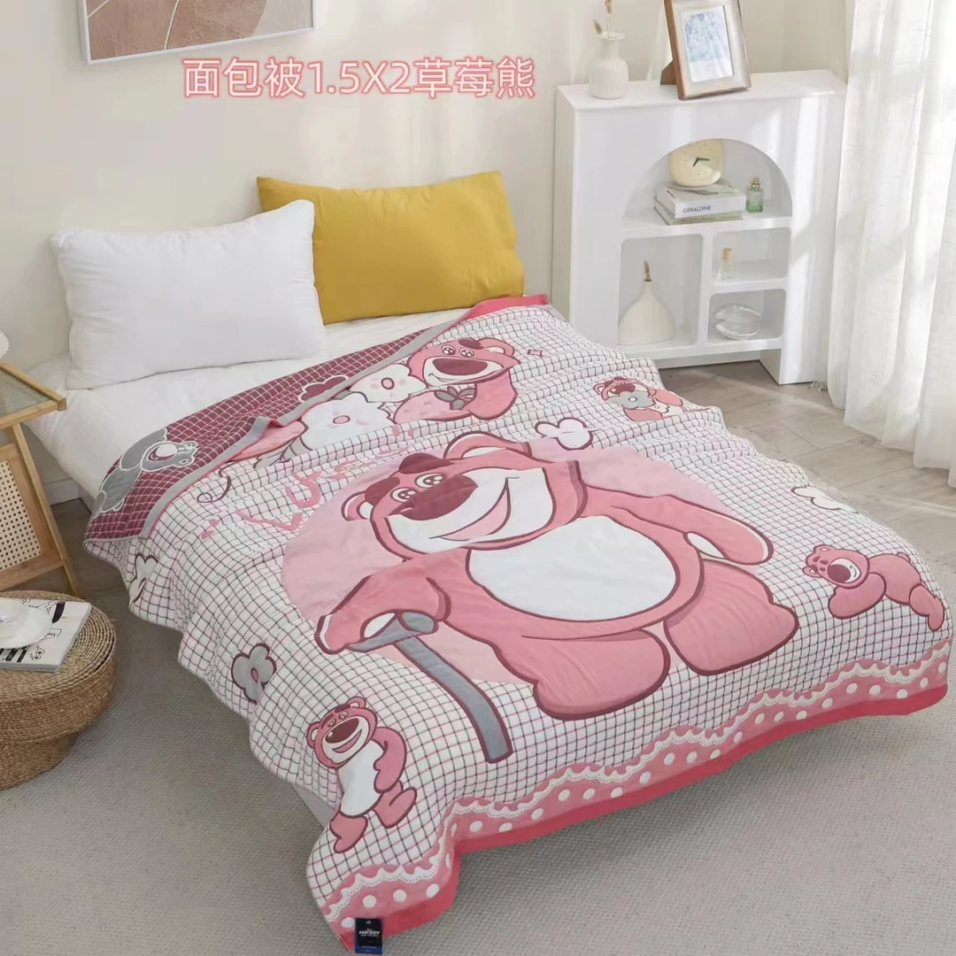 【京かわ会社】150*200cm 纯棉十层纱布面包被 格子草莓熊