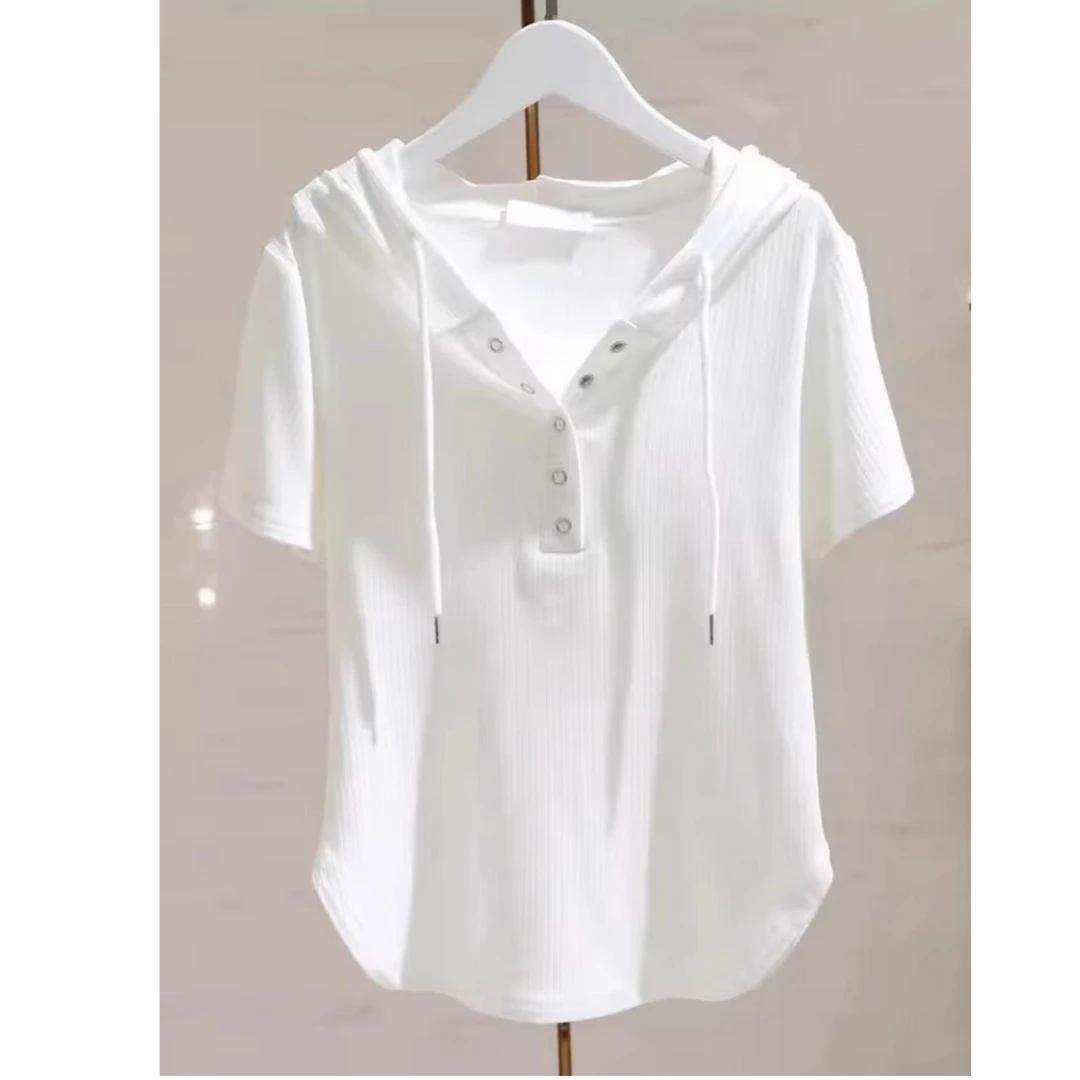 连帽短袖T恤男女装夏季薄款宽松大码250斤抽绳简约潮服设计感体恤