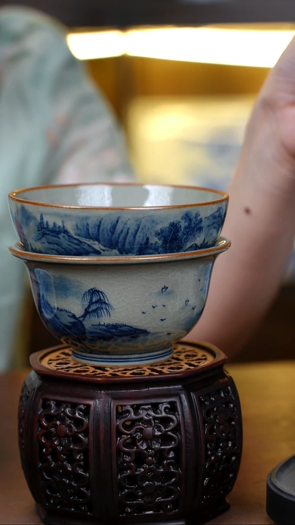老陶泥山水青花杯