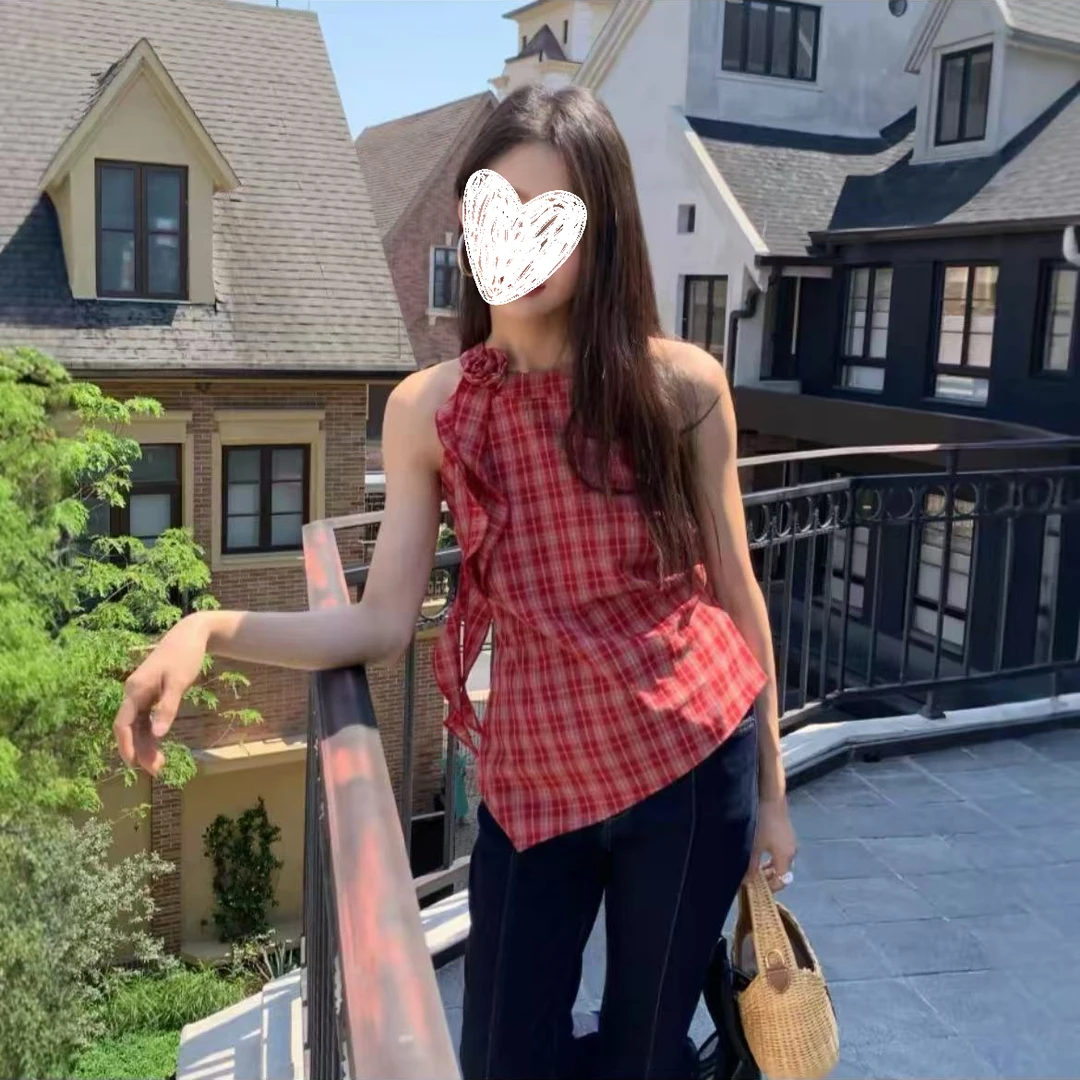 复古格子挂脖吊带背心女2025夏季新款设计感不规则显瘦气质上衣潮