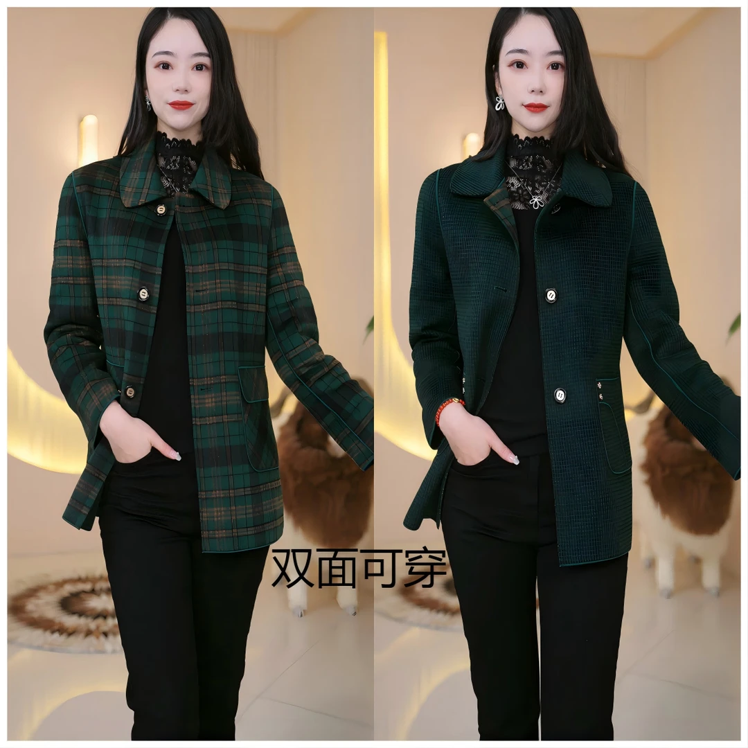 短款红绿燕麦灰格双面穿羊毛大码显瘦大衣春秋休闲时尚中老年女装