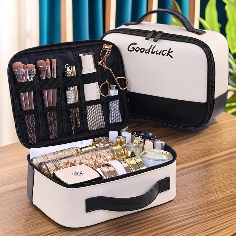 简约风白色拉链格纹通用化妆包大号双层韩版少女时尚便捷便携式