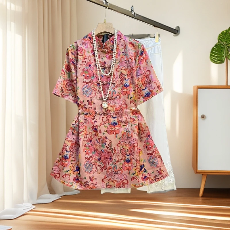 大码高级感显瘦套装女胖mm新中式提花盘扣气质短袖上衣裤子两件套