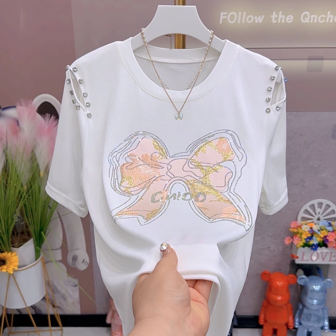 夏季新款8032重工蝴蝶钉钻大码女装半袖洋气百搭款