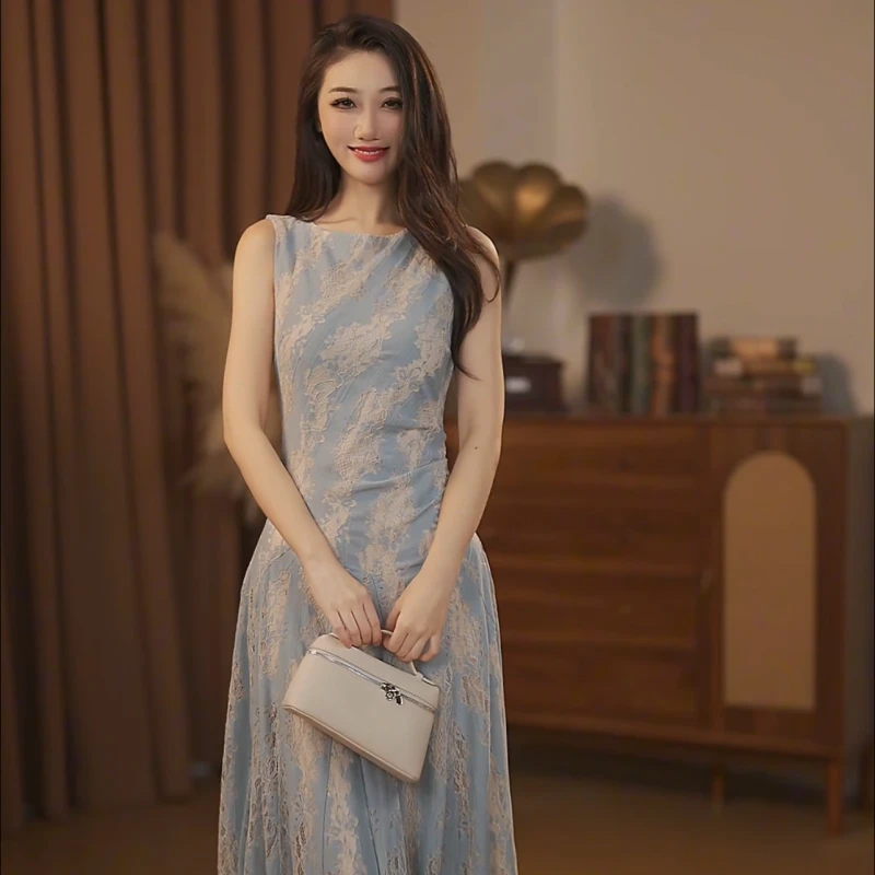 【大喜】维纳斯海雾蓝 法式蕾丝小众气质大裙摆连衣裙-HZ658